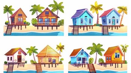 The set of icons includes bungalows, beach houses on piles with terraces, wooden private buildings, villas, hotels, cottages, residential properties, apartments, living accommodation, and cartoon
