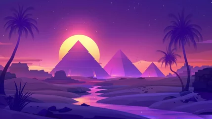 Foto op Plexiglas A cartoon modern representation of ancient Egyptian pyramids and the Nile river at dusk in the desert. Cartoon modern illustration of Egypt's pharaoh tomb complex illuminated with sunset light © Mark