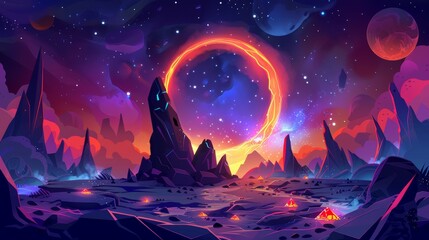 Future landscape background with glowing entrance in rock under starry sky, fantasy book or computer game scene, cartoon modern illustration. - obrazy, fototapety, plakaty