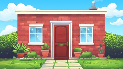 Cartoon illustration of a cottage facade, home building exterior with a red brick facade, window and door, potted plants on the doorstep, a tiled path and green lawn in the yard, cartoon illustration