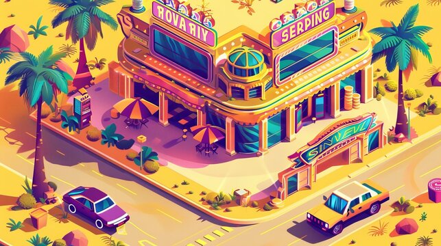 A modern landing page with an isometric illustration of a casino building with signage, a car, palm trees and a yellow background depicting gambling, poker, and roulette.