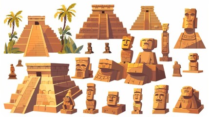 Mayan pyramids from Easter island. Modern cartoon set of south american landmarks, Chichen Itza and Kukulkan temples, stone sculptures isolated on white.