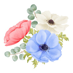 A watercolor composition pink, white and blue anemone flowers. fresh greenery and eucalyptus leaves. for wedding stationery, event invitations, botanical prints, art projects and interior decor