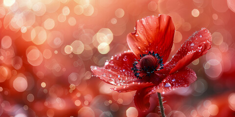 Dew-Adorned Red Anemone in a Radiant Bokeh Glow