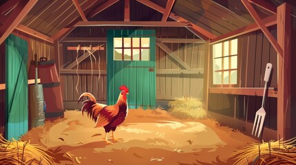 Poster of farmers market with illustration of hen in wooden barn. Flyer of farming fair for harvest and food sales. Cartoon interior of shed with chickens, hay, and fork. - obrazy, fototapety, plakaty