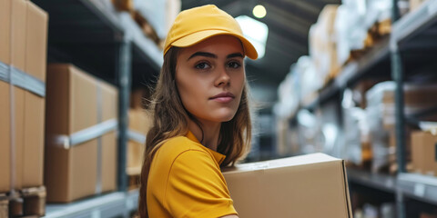 Determined Young Female Worker in Warehouse with Parcels