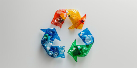Colorful Plastic Waste Forming a Recycle Symbol on White Background