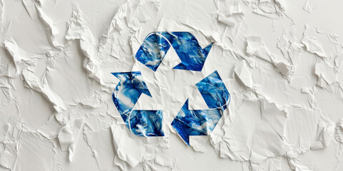 Artistic Blue and White Recycle Symbol Amidst Crumpled Paper