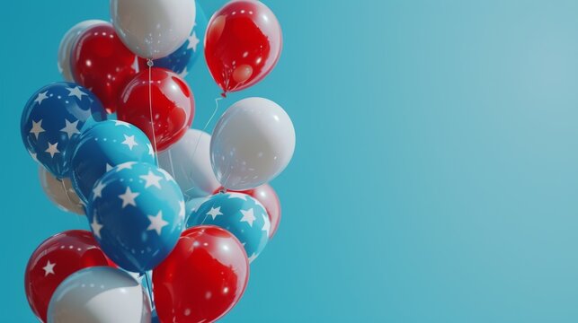Patriotic balloons in red, white and blue colors against blue sky. Celebration of American national holidays concept. - Powered by Adobe