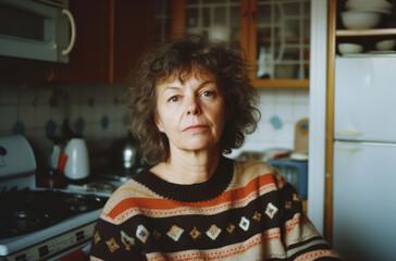 Mature Curly-Haired Woman in Warm Kitchen, Comfort of Home