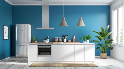 Side view of modern kitchen interior design with blue wall White wood furniture appliances and decor