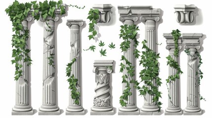An old Greek or Roman column with green climbing liana leaves isolated on a white background. Realistic 3D modern set of ancient classic stone architecture for interior facades.