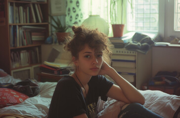 Pensive Young Woman in a Sunlit Cluttered Bedroom