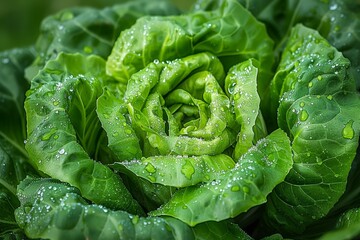 Close up of Fresh Green Lettuce with Water Droplets Growing in Garden