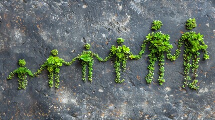 Family of five figures made of green plants growing on a rock wall. Concept of family, growth, nature, and environment