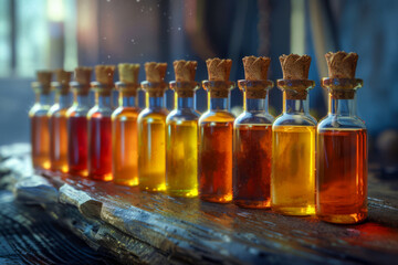 Artisanal Bottles of Honey with a Golden Hue Lined Up in a Row