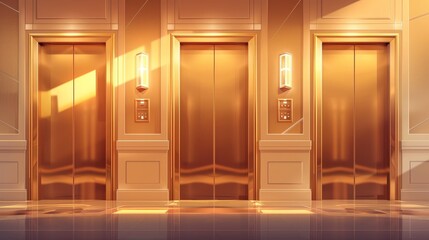 In the office or hotel, 3-D illustration of gold lift doors, service and cargo closed elevators, stage number panels, gold gates, and inside transportation in an office or hotel.