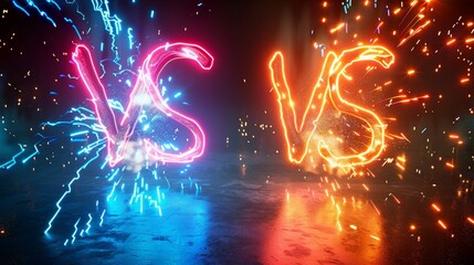 VS game and sport signs with glowing sparks on a black background. Martial arts battle competition challenge, realistic 3D modern graphics. - obrazy, fototapety, plakaty
