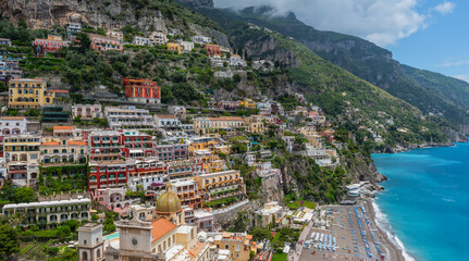Terraces of the famous Italian resort town of Positano on the Amalfi coast of the Mediterranean Sea