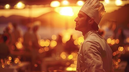 Obraz premium Confident Chef with Pride Observing Busy Restaurant Kitchen During Dinner Service