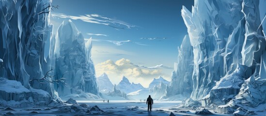 Fantasy landscape with icebergs and human figure. - obrazy, fototapety, plakaty