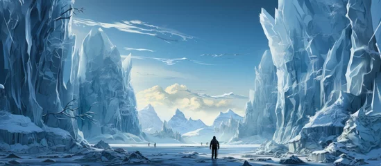 Rolgordijnen Fantasy landscape with icebergs and human figure. © WaniArt