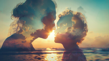Mother and Child Share Love and Connection at Sunset with Dreamy Cloudscape Overlay - obrazy, fototapety, plakaty