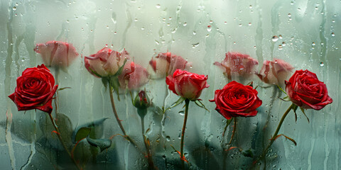 Crimson Roses Veiled by Misty Glass Pane
