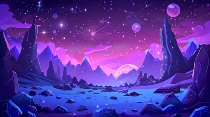 The alien planet is deserted with mountains, rocks, deep clefts, and stars which shine in space as a background for a computer game. Modern illustration, parallax effect, extraterrestrial computer - obrazy, fototapety, plakaty