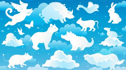 In this modern realistic soft fluffy cloud illustration, you can see baby bears, cats, pigs, dinosaurs, butterflies and rabbits silhouetted against the blue sky. The clouds are in the shape of cute