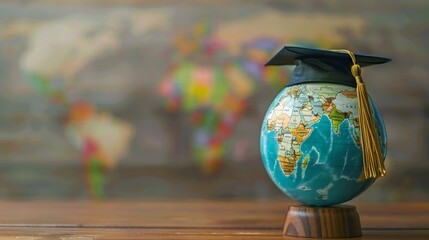 Graduation cap on top of globe with world map, symbolizing global education, international studies and academic success.