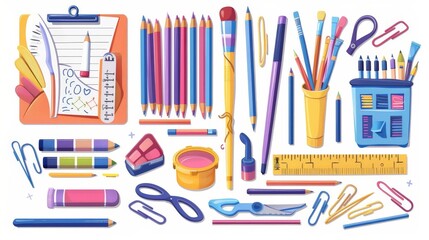 Supplies and stationery, learning items, colored pencils, paints and brushes, glue, ruler and scissors with compass, marker and palette with paper clips or pins. Cartoon modern illustration.