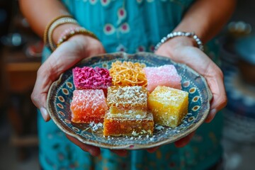Fototapeta premium Woman Holding Plate of Colorful Turkish Delight Candy, Traditional Dessert