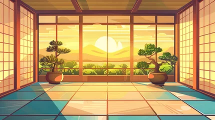  This modern cartoon illustration shows an empty dojo with mats, bonsai, a landscape of green terraced fields with a sunset sky behind the window and a landscape of green terraced fields. © Mark