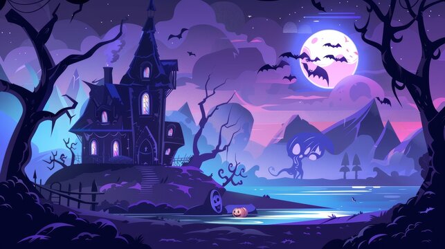 A Halloween spooky illustration with a haunted house, pumpkins, ghosts, and bats. A modern night landscape with a broken haunted house, black trees, mountains, and a lake.