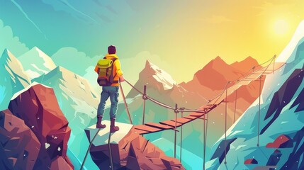 Landscape with man hiking at sunset and suspension bridge over precipice between cliffs. Snow rocks, wooden rope bridge over abyss, backpack and tourist. - obrazy, fototapety, plakaty