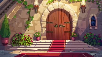 Fototapeta premium A medieval castle interior with a wooden arched door with potted flowers, stone stairs, red carpet, brick wall, and sunlight shining through the window. A fairytale cartoon modern scene.