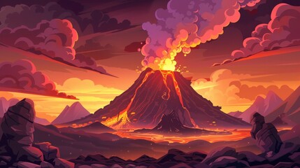 The lava flows from the volcano, clouded with smoke, ash, and gases. Modern landscape with rocks, craters and flowing magma at sunset.