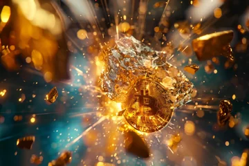Fotobehang Vivid Bitcoin embroiled in a scintillating collision with golden rocks conveying financial disruption © Saranpong