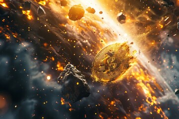 Dynamic collision of Bitcoin and meteor-like rocks amidst fiery explosion representing market volatility - obrazy, fototapety, plakaty