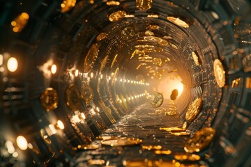 Bitcoin coins soaring through a futuristic tunnel, symbolizing rapid digital financial transactions - obrazy, fototapety, plakaty