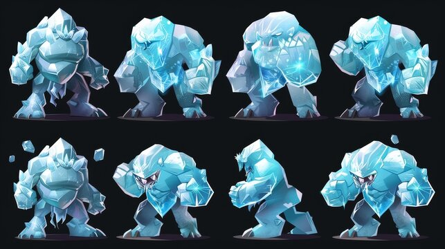 Angry, sad, and sleeping crystal giants isolated on black background. Fantasy monsters made from frozen water or glass with big fists.