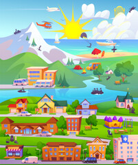 Mountain city map with street road, building and car. Town plan with park, school, playground and route to beach near sea. Urban hill landscape view to navigate in game perspective background design - obrazy, fototapety, plakaty