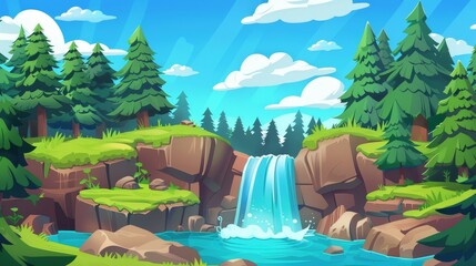Forest landscape with cascading waterfalls