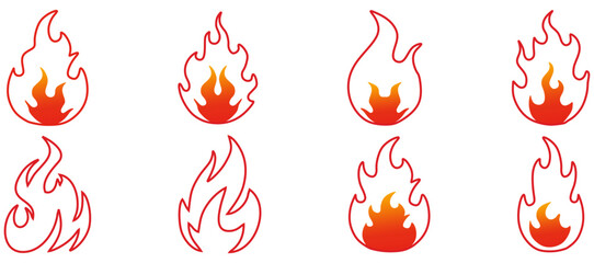 Red and Orange fire flame Line Art icon set. Collection of hot flaming element. Idea of energy and power. Isolated on white Background