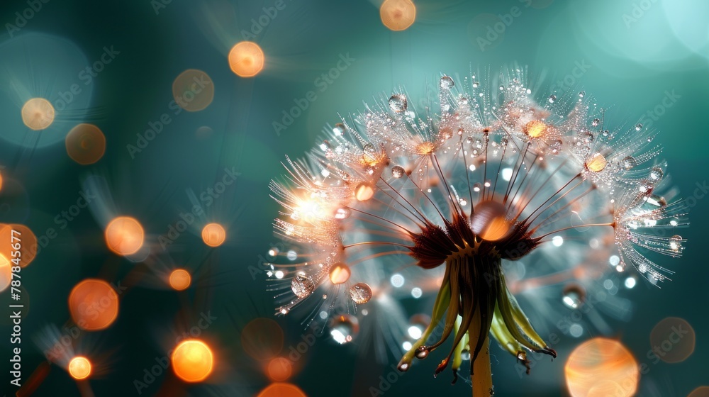 Poster beautiful shiny dew water drop on dandelion seed in nature macro. soft selective focus. sparkling bo