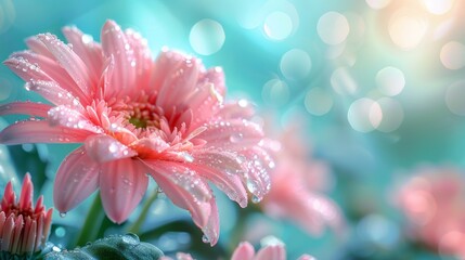 Fototapeta premium A stunning dewdrop rests on the petal of a pink chrysanthemum flower, capturing the essence of summer and spring in nature's close-up macro view. Sunlight rays shine against a turquoise sky, adding to