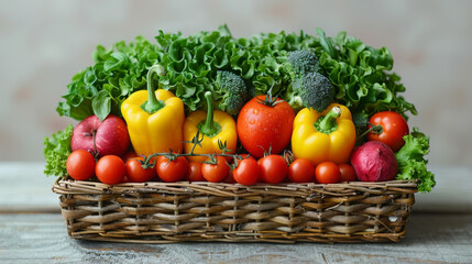 Various vegetables arranged in a woven basket