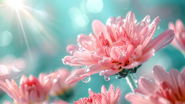 Beautiful drop of water morning dew on petal of pink chrysanthemum flower with summer spring reflection close-up macro in nature. rays of sunlight against turquoise sky. copy space. 
