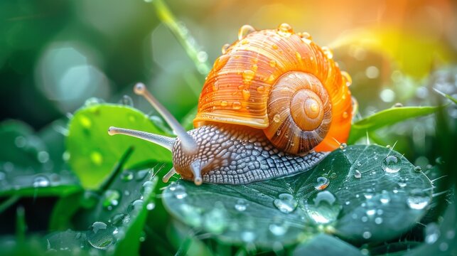 Beautiful lovely snail in grass with morning dew. macro. soft focus. Grass and clover leaves in droplets of water in spring summer nature. Amazingly cute artistic image of pure nature